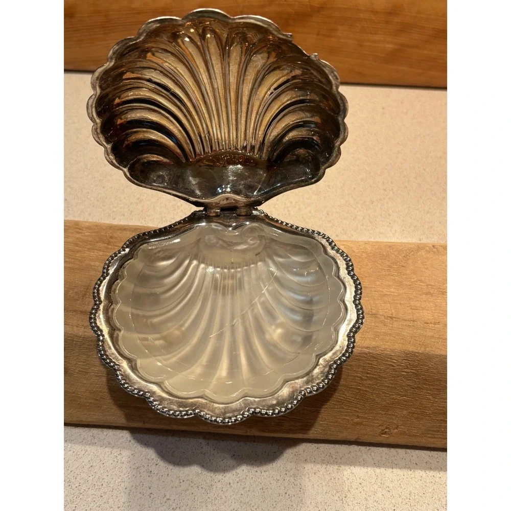 Vintage Silver Plated Clam Shell Butter Dish England Frosted Glass Liner 5 inch